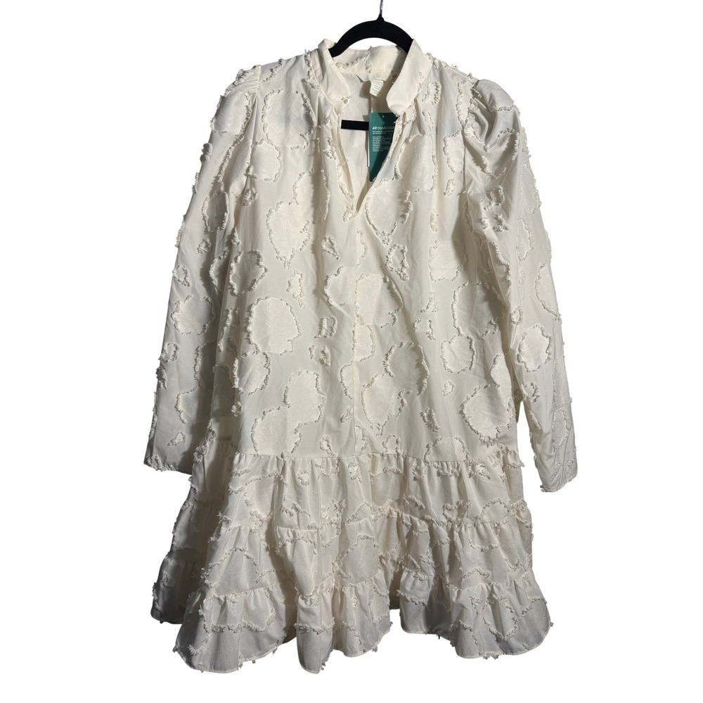 HM Conscious White Textured Floral Applique Tiered Mini Dress Long Sleeve M